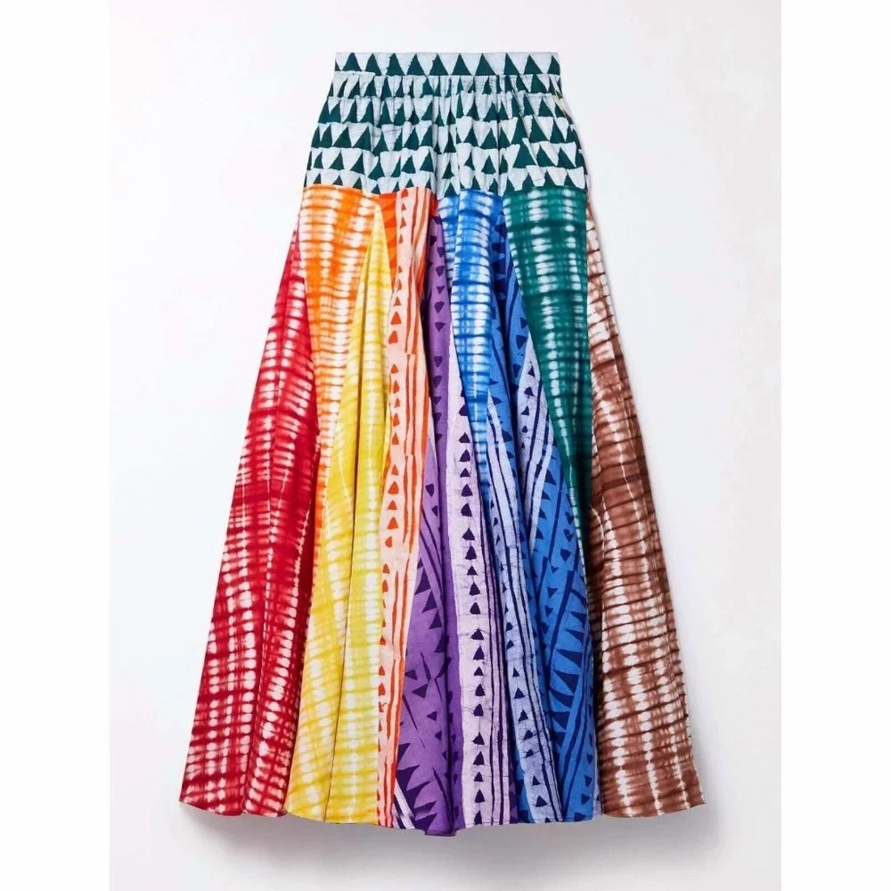 NWT Studio 189 Alicia Batik Maxi Skirt Cotton Pleated Rainbow Stripe Tie Dye L